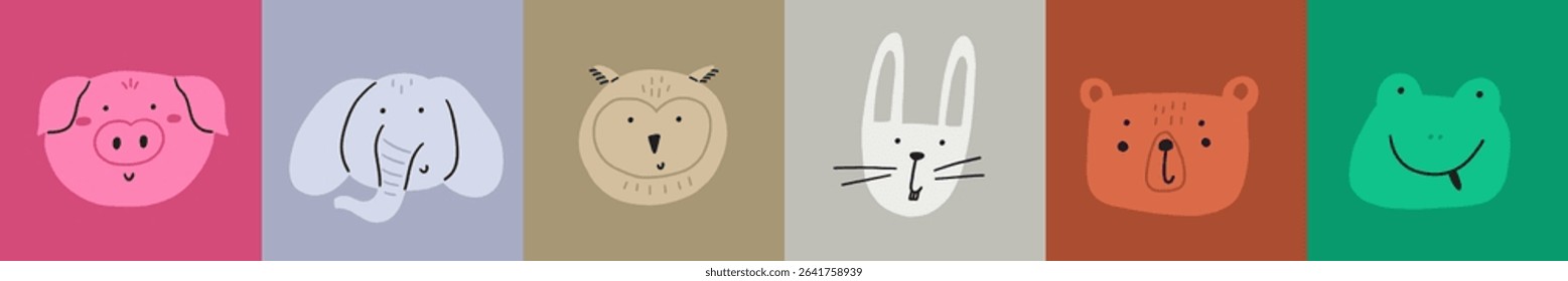 Animal cute face set. Kawaii character animal head print set. Cartoon vector illustration