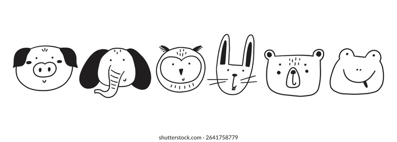 Animal cute line art doodle face. Baby head cartoon animal icon set. Vector hand drawn illustration