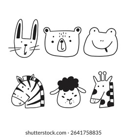 Animal cute line doodle nursery face. Baby head cartoon animal icon set. Vector hand drawn illustration