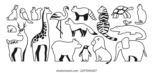 Animal cute linear symbol set. Sign hare parrot, squirrel, frog, giraffe. Panda and bear penguin. Mammals baby animals characters. Deer cat turtle fox lion tiger. Simple icon design collection vector