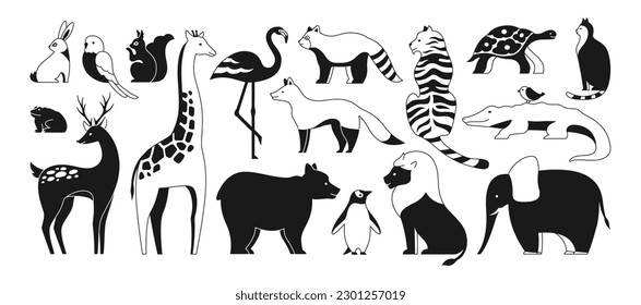 Animal cute monochrome linear set. Hare and parrot, squirrel, frog, giraffe. Panda and bear penguin. Mammals animals characters for baby card. Deer cat turtle fox lion tiger outline design collection