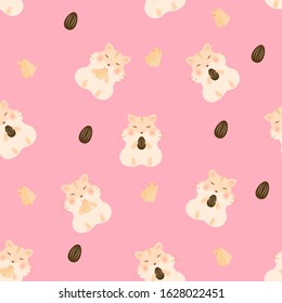 Animal cute patterns. Hamster eat butter with sunflower seeds on pink background. Vector