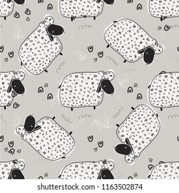 Animal cute vector illustration, seamless pattern of graphic drawing funny sheep. Fluffy wool lamb pet background for fabric, textile, paper, wallpaper, wrapping or greeting card. Doodle kids element