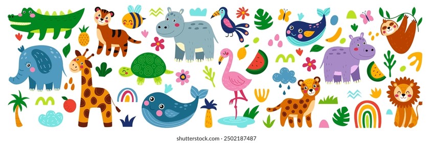 Zoológico lindo animal. Patrón bebé, naturaleza de dibujos animados salvaje. Divertido elefante, cocodrilo en la vida silvestre de África, perezoso en el árbol, dibujando flamenco, arco iris y hojas tropicales. Logotipo ordenado del Vector del elemento de la impresión del icono de los niños