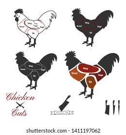 Animal cuts. Chicken cuts. Butchery diagram. Vector illustration.