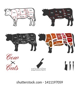 Animal cuts. Cow cuts. Butchery diagram. Vector illustration.