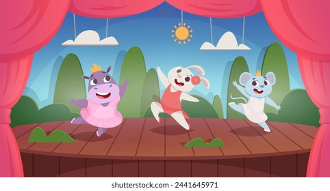 Animal dancers. Perform on stage animal ballet exact vector cartoon background