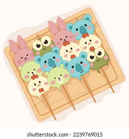 Animal dango sweets on wooden board. Asian food vector illustration with animal shaped sweets. Frog, bear, chicken, koala, bunny.