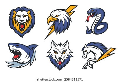 Animal decal. Sport team mascot beasts, bold lion, bald eagle, dangerous snake, extreme shark, angry wolf and fast horse for emblem or sticker design. Isolated vector set.