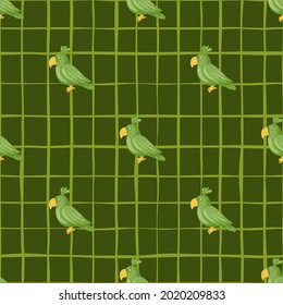 Animal decorative seamless pattern with doodle parrot elements. Green chequered background. Designed for fabric design, textile print, wrapping, cover. Vector illustration.