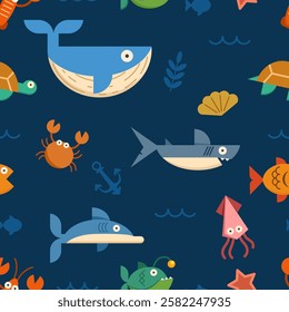 Animal in deep sea seamless pattern design.