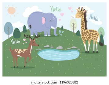 Animal design like elephant giraffe and deer with natural scenery.