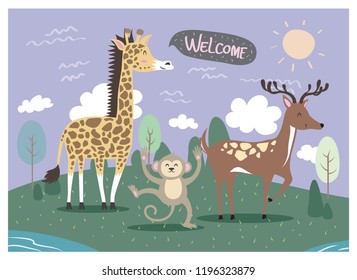 Animal design like giraffe deer and monkey with natural scenery.