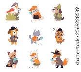 Animal Detective Character Investigating and Search for Evidence Vector Set