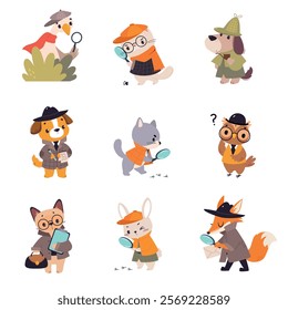 Animal Detective Character Investigating and Search for Evidence Vector Set