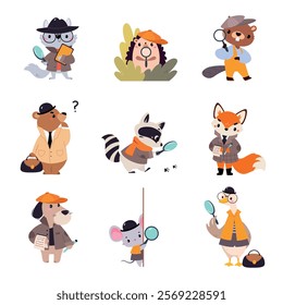 Animal Detective Character Investigating and Search for Evidence Vector Set