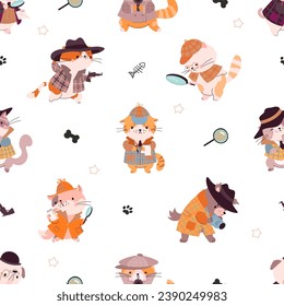 Animal detectives. Cute cartoon cats investigation, kitty wear costumes and looking evidence. Funny childish fabric print, nowaday vector background