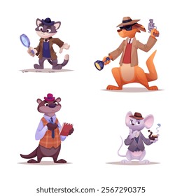 Animal detectives. Cute characters cats and dogs searching evidence and looking in magnifying glass exact vector detective mascots in cartoon style