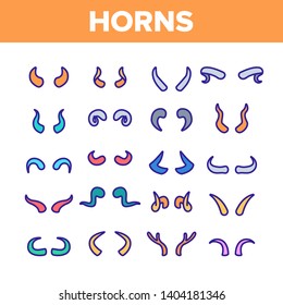 Animal, Devil Horns Vector Linear Icons Set. Bull, Goat, Moose, Wild Mammals Horns Outline Symbols Pack. Carnival Costume Accessories. Reindeer Antlers Isolated Contour Illustrations