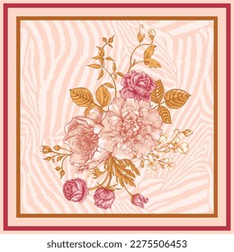animal digital pattern with french roses with leaves and buds