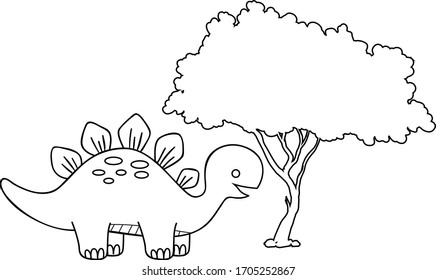 Animal dinosaur with tree . vector illustration. For pre school education, kindergarten and kids and children. Coloring page and books, outline.