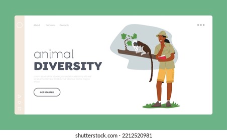 Animal Diversity Landing Page Template. Zoo Activist Character Learn Wildlife. Zoologist Study Monkeys In Their Natural Habitat. Scientist Exploring Tameless Animals. Cartoon Vector Illustration