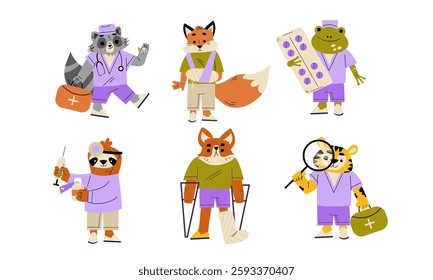 Animal Doctor Character Work in Hospital Vector Set