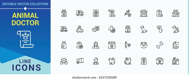 Animal Doctor icon set. It contains symbols to pharmacy, vaccine, veterinary, animal, animal care and more. Pet Vet icon pack. Thin icons set. Editable stroke. Pixel Perfect.