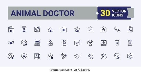 Animal Doctor linear icon collection. Contains such icons as aquarium, insurance, award, food, kitten, pill, dog. Minimal icons. Solid line editable stroke. Vector line and solid icons.