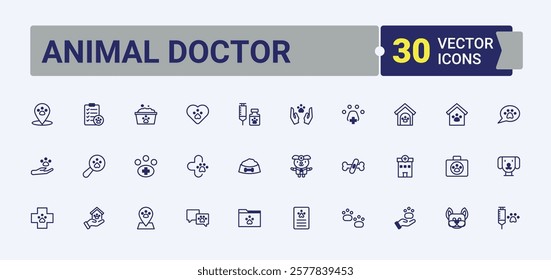 Animal Doctor linear icon collection. Contains such icons as aquarium, insurance, award, food, kitten, pill, dog. Minimal icons. Solid line editable stroke. Vector line and solid icons.