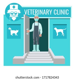 The animal doctor opens the door to the veterinary clinic. Facade of a building with advertising signs. Vector illustration isolated on white background
