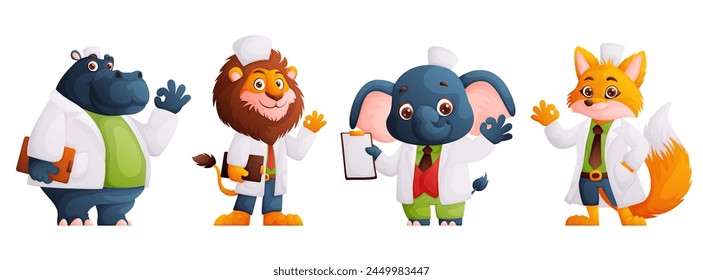 Animal doctors cartoon. Nice characters in medical uniform showing that everything is OK. Lion, Hippopotamus, elephant, fox in the form of a doctor.