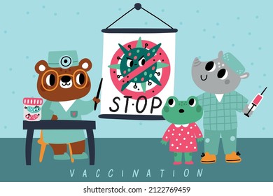 Animal doctors in office. Fighting bacteria. Vaccination benefits. Educational poster. Characters at physicians appointment. Hospital meeting. Nurse vaccinates frog