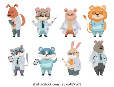 Animal doctors pediatric pediatrician cute characters hospital concept. Vector flat graphic design illustration