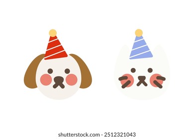 Animal dog and cat wearing birthday hat set. Holiday celebration, party, pet, care, anniversary concepts. Flat decorative cartoon character vector design isolated illustration.