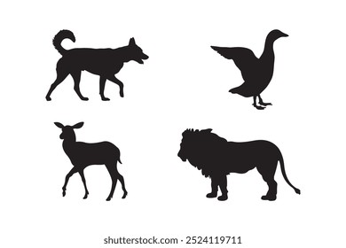 A animal dog, duck, deer and lion set silhouette illustration