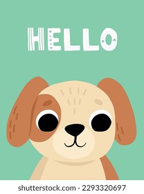 Animal dog kid card. Cute child greeting and invitation cards for birthday, baby party posters, motivational lettering. Childish print nursery decor. Bright background. Vector doodle characters