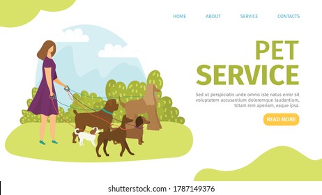 Animal dog outdoor service, woman character care and walk with pet banner vector illustration. Woman person with domestic job. Dog active walker with leash, pet service landing page.