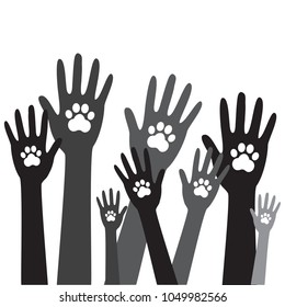 Animal dog paw in people hand, human help encourage illustration.