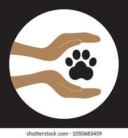 Animal dog paw in people hand, human help encourage illustratration.