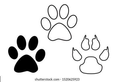 Animal, dog paw print. Set of different animal paw print. Isolated silhouette.
