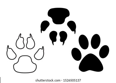 Animal, dog paw print. Set of different animal paw print. Isolated silhouette.