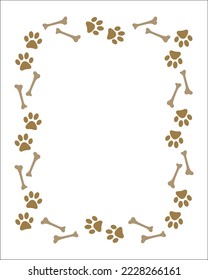 Animal dog paw prints and bones frame on  white background.