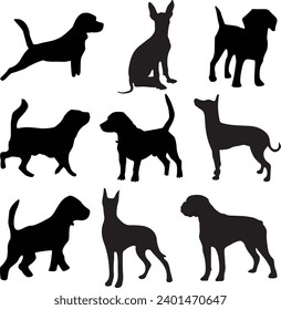 animal, dog, pet, silhouette, vector, puppy, illustration, black, isolated, graphic,
 breed, set, pug, funny, american  spaniel, little dog, fox