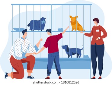 Animal dog shelter, vector illustration. Woman man people character and cartoon pet, homeless puppy in cage look at family. Father, son care about stray dog, happy rescue help and adopt design.