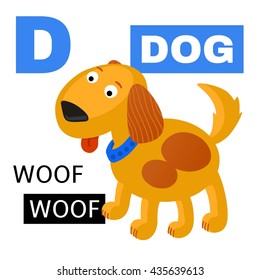 Animal dog sounds woof vector training cards. Infographics for children.