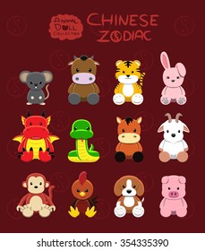 Animal Dolls Chinese Zodiac Set Cartoon Vector Illustration