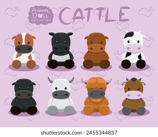 Animal Dolls Cow Cattle Ox Set Cartoon Vector Illustration