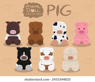 Animal Dolls Pig Set Cartoon Vector Illustration