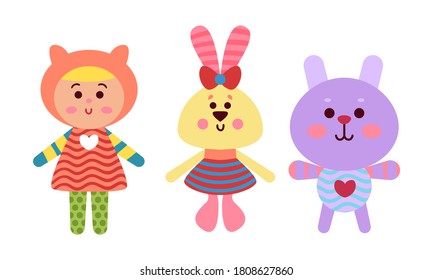 Animal Dolls or Sewed Stuffed Toys Vector Set